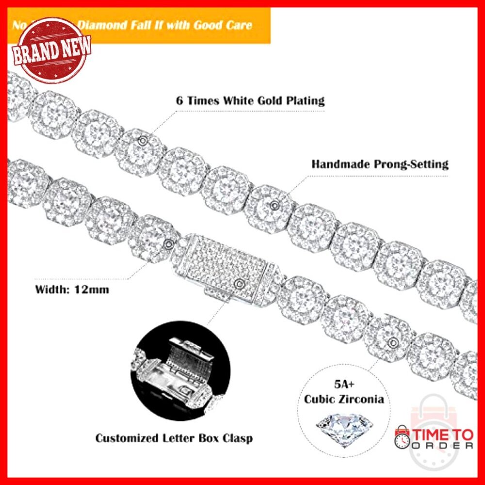 12mm Tennis Chain Necklace White Gold Plated Cuban Link Choker 16 Inch - Picture 2 of 7
